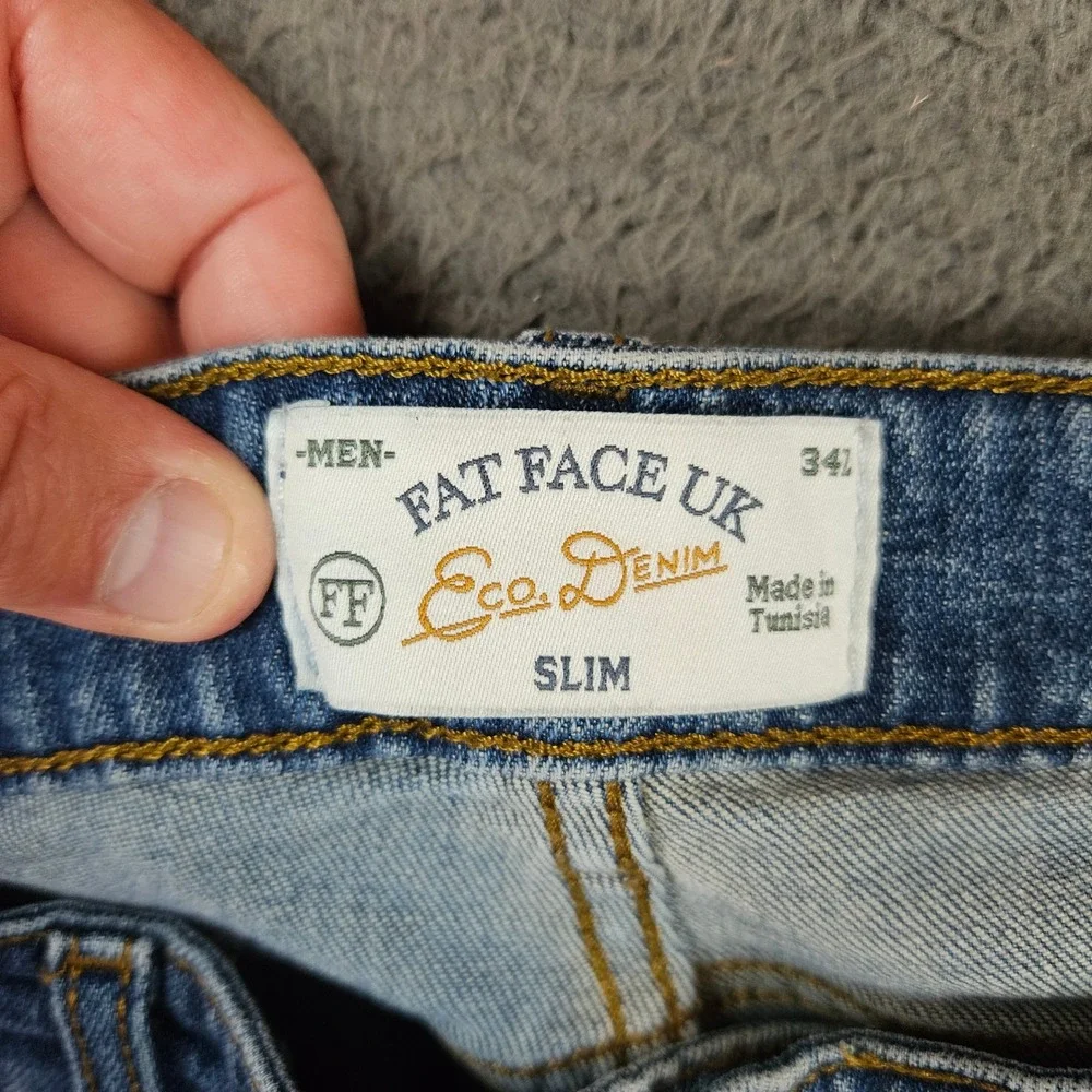 Fat Face UK Mens Slim Eco Denim Jeans Light Wash Blue Size 34L 34x32